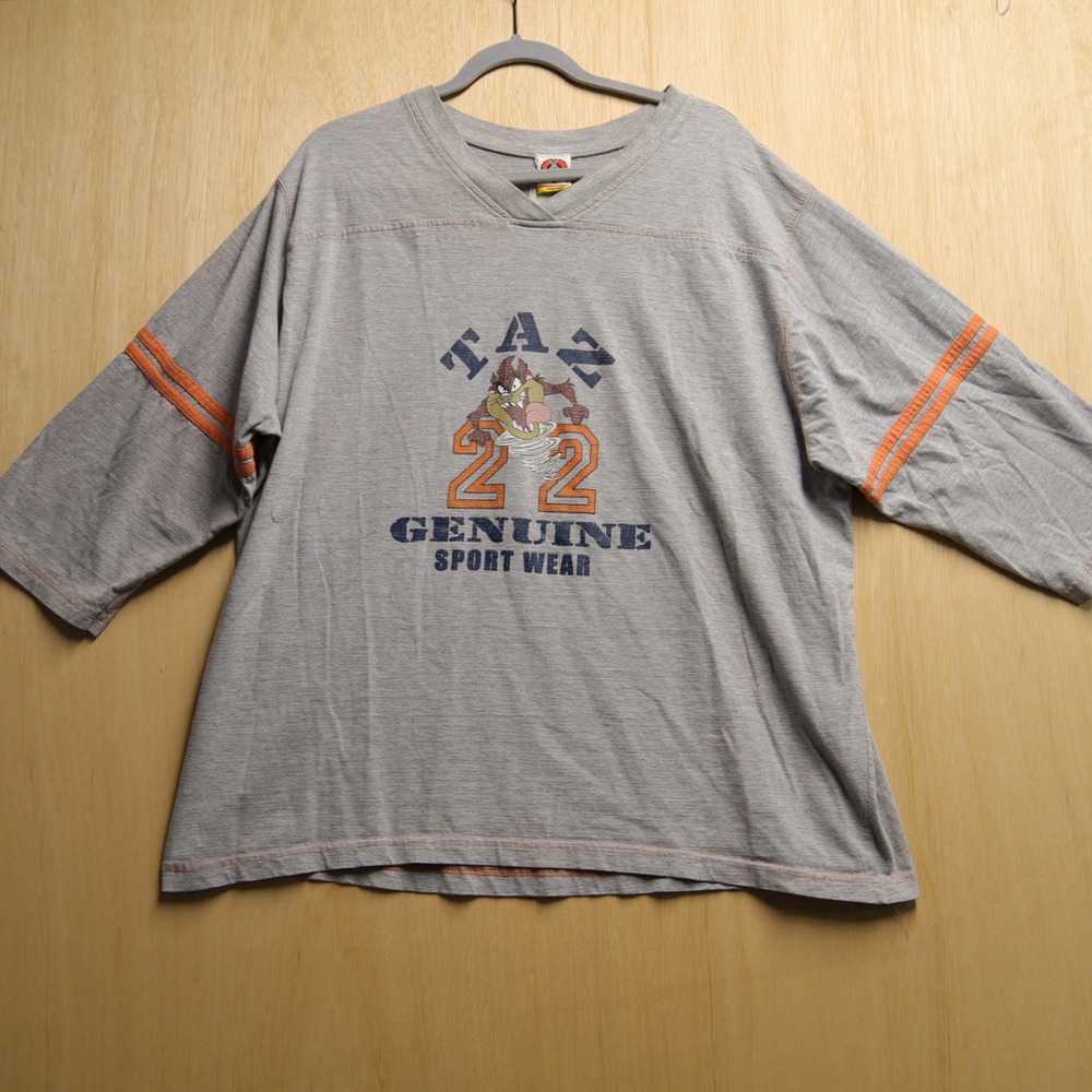 Vintage Looney Tunes Taz 22 Genuine Sport Wear V-Neck Jersey Shirt Gray XL